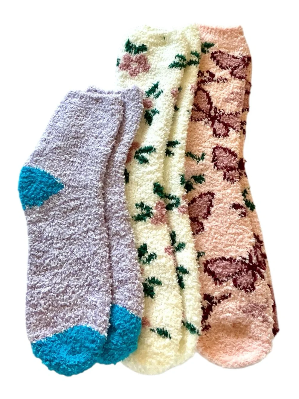 Cozy Floral Fuzzy Socks - 3 Pack (Pink, Cream, Lavender)